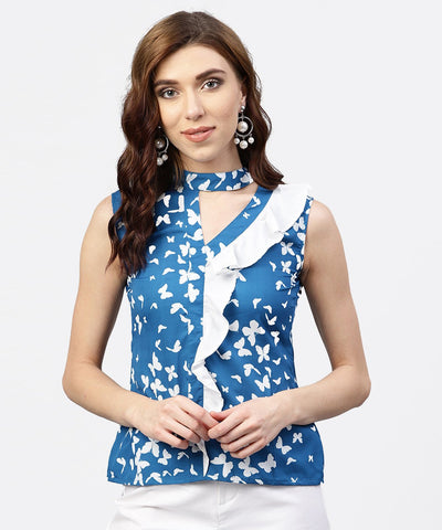 Blue printed top with front placket and madarin collar