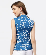 Blue printed top with front placket and madarin collar