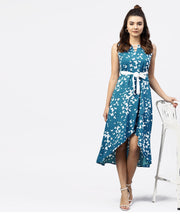 Blue printed Sleevesless Asymmetric dress with gathered round neckline