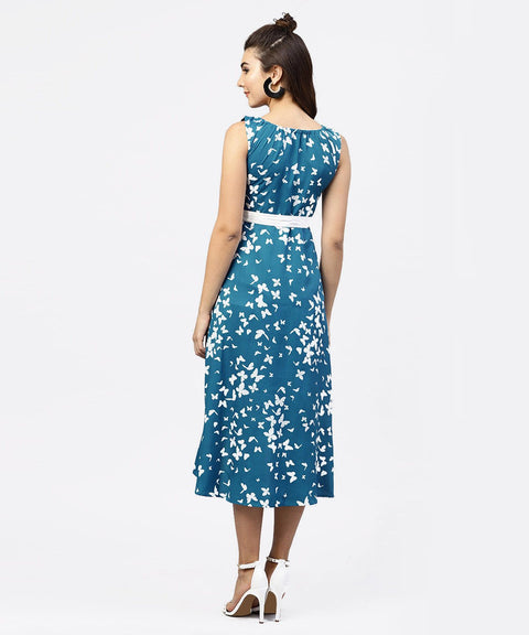 Blue printed Sleevesless Asymmetric dress with gathered round neckline