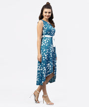 Blue printed Sleevesless Asymmetric dress with gathered round neckline