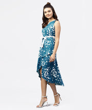 Blue printed Sleevesless Asymmetric dress with gathered round neckline