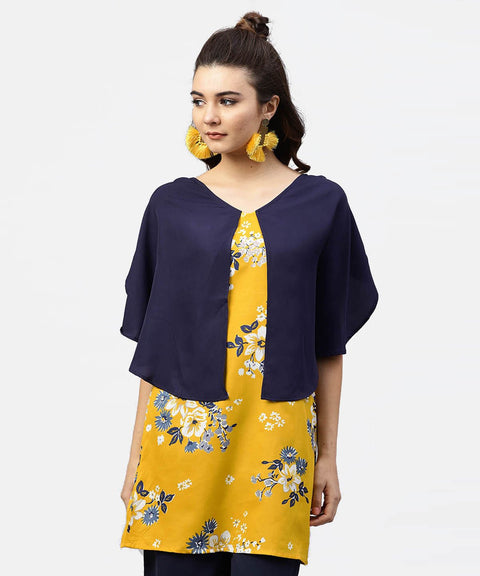 Yellow printed tunic with attached cape sleeves and V-neck