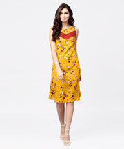 Mustard floral printed sleeveless dress with key hole neck