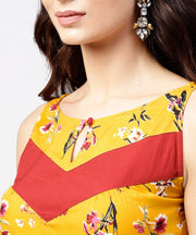 Mustard floral printed sleeveless dress with key hole neck
