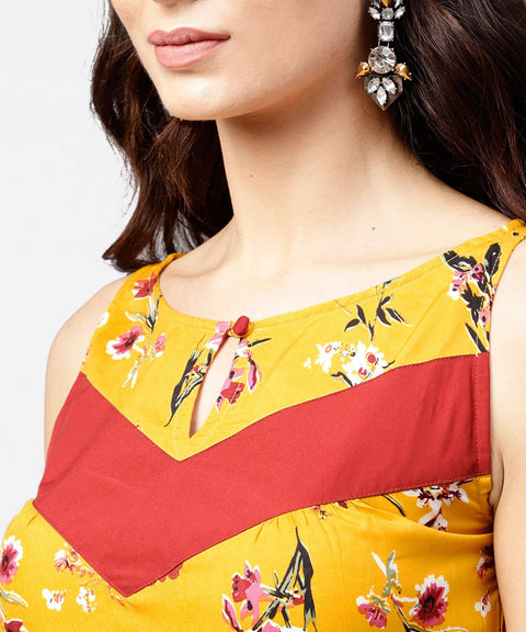 Mustard floral printed sleeveless dress with key hole neck