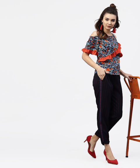 Blue Floral printed top with round neck and cold shoulders