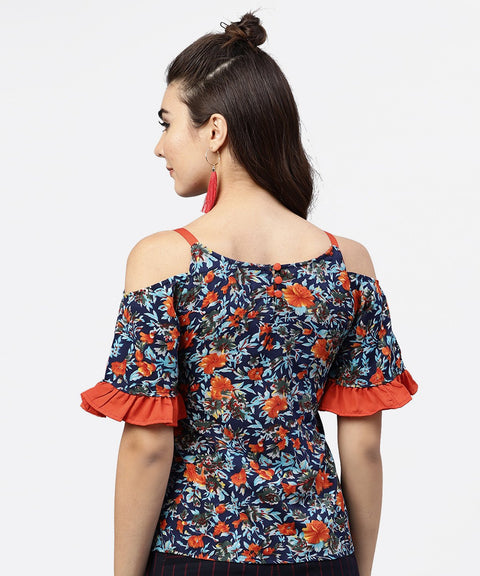 Blue Floral printed top with round neck and cold shoulders