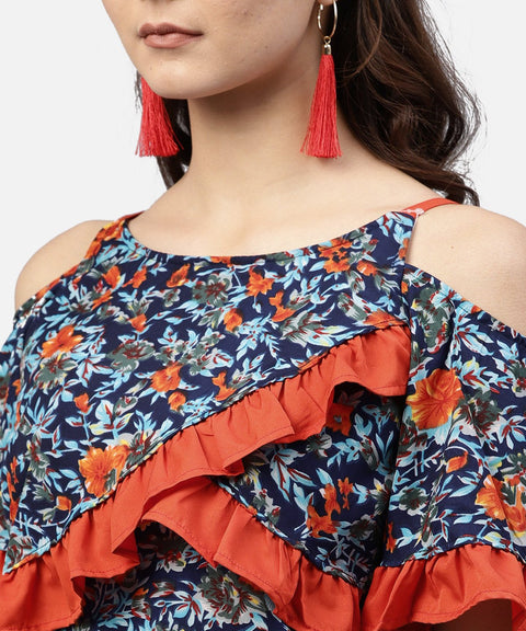 Blue Floral printed top with round neck and cold shoulders