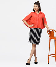 Red cape sleeves formal Shirt set with midi striped skirt