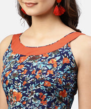 Navy Blue Printed Ballon dress with Roud neck and front patch pocket