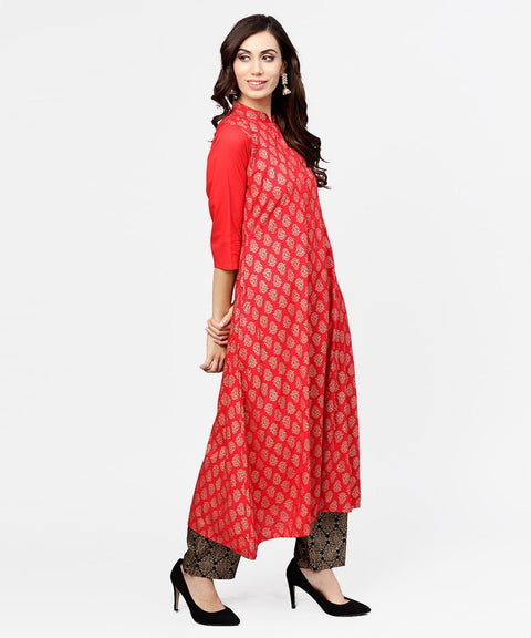 Red printed 3/4th sleeve cotton anarkali kurta with brown printed ankle length palazzo
