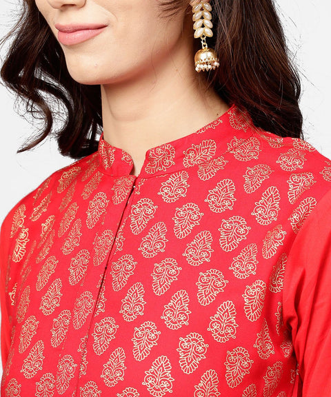Red printed 3/4th sleeve cotton anarkali kurta with brown printed ankle length palazzo
