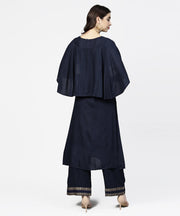 Navy blue yoke printed 3/4th sleeve cotton yoke printed kurta with ankle length palazzo
