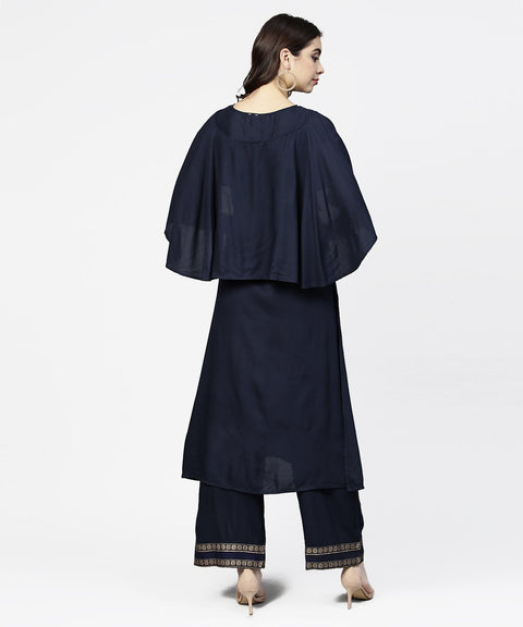 Navy blue yoke printed 3/4th sleeve cotton yoke printed kurta with ankle length palazzo