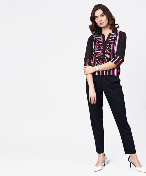 Black striped full sleeve crepe tops