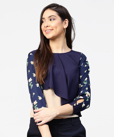 Blue full sleeve assymetric layered crepe tops