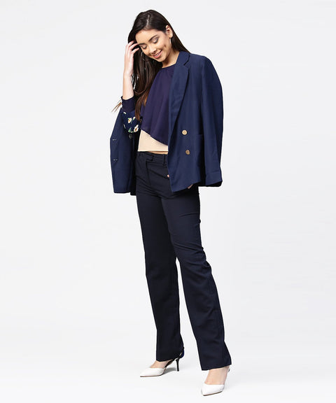 Blue full sleeve assymetric layered crepe tops