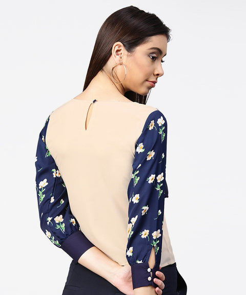 Blue full sleeve assymetric layered crepe tops