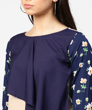 Blue full sleeve assymetric layered crepe tops