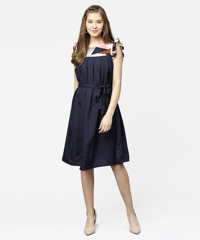 Navy blue yoke printed A-line pleated dress with belt