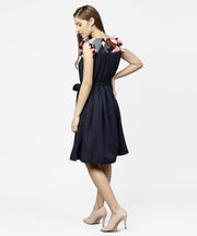 Navy blue yoke printed A-line pleated dress with belt