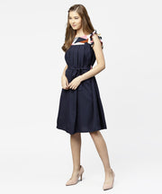 Navy blue yoke printed A-line pleated dress with belt
