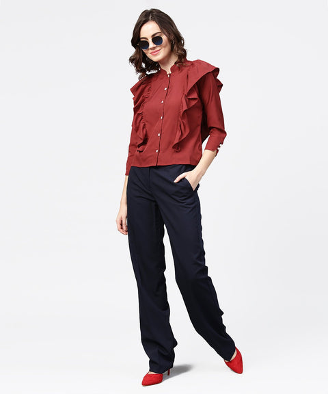 Maroon full sleeve crepe tops with layred design at front