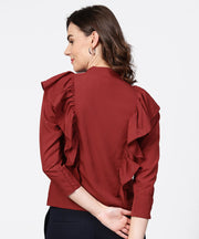 Maroon full sleeve crepe tops with layred design at front