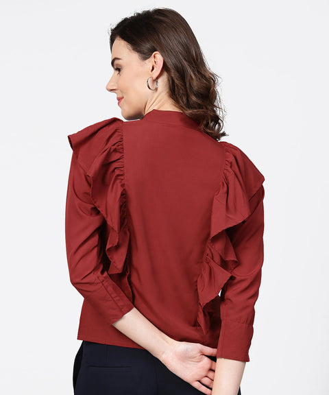 Maroon full sleeve crepe tops with layred design at front