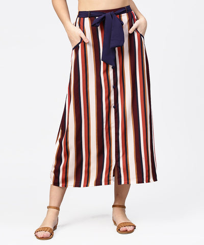 Multi printed ankle length flared skirt with button work at front