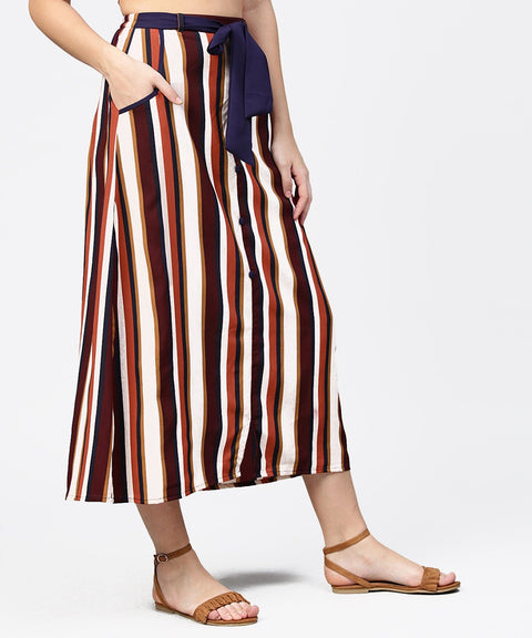 Multi printed ankle length flared skirt with button work at front