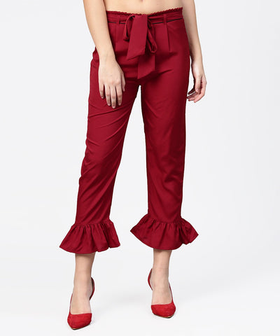 Aasi - House of Nayo Maroon ankle length crepe straight palazzo with belt