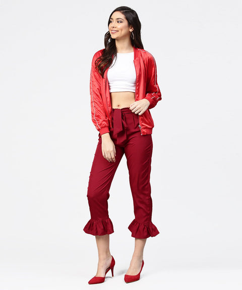Aasi - House of Nayo Maroon ankle length crepe straight palazzo with belt