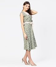 Green Polka dot printed sleeveless A-line dress with belt