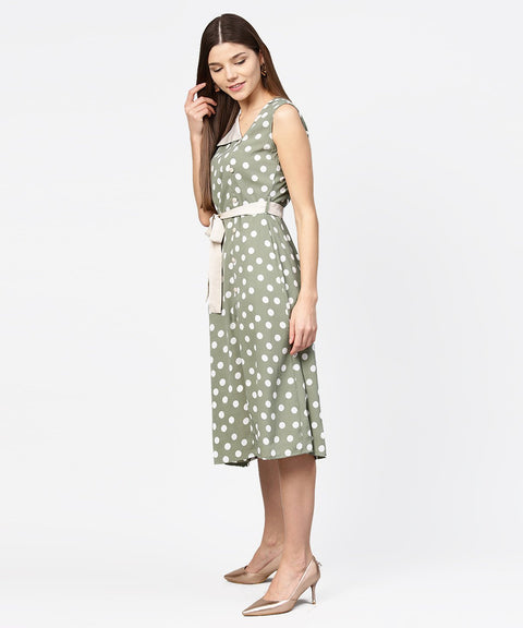 Green Polka dot printed sleeveless A-line dress with belt