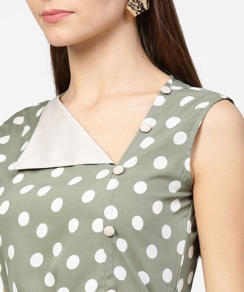 Green Polka dot printed sleeveless A-line dress with belt
