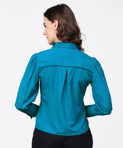 Blue full sleeve crepe shirt with tye design at front