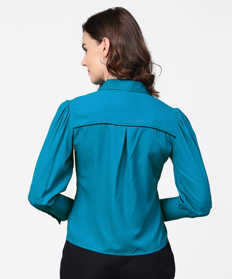 Blue full sleeve crepe shirt with tye design at front