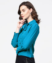 Blue full sleeve crepe shirt with tye design at front