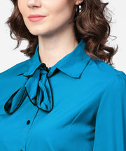 Blue full sleeve crepe shirt with tye design at front