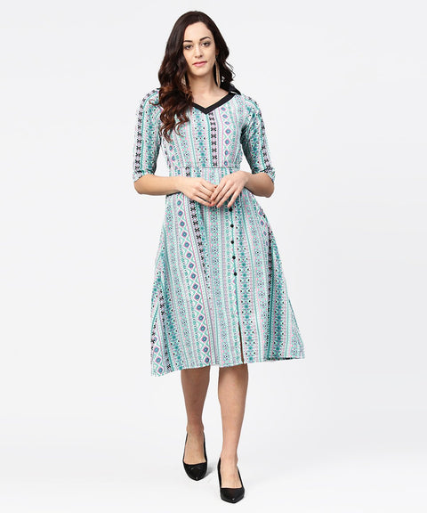 Blue printed 3/4th sleeve A-line dress