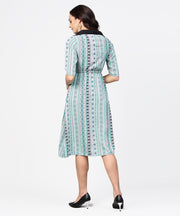 Blue printed 3/4th sleeve A-line dress