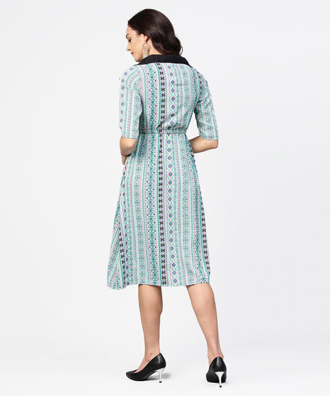 Blue printed 3/4th sleeve A-line dress