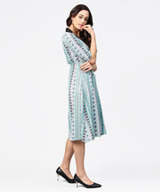 Blue printed 3/4th sleeve A-line dress