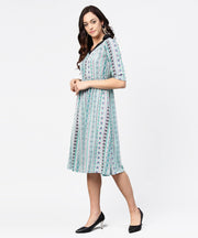 Blue printed 3/4th sleeve A-line dress
