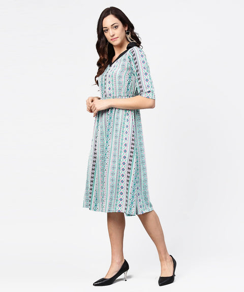 Blue printed 3/4th sleeve A-line dress