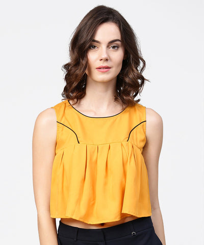 Yellow crepe sleeveless pleated tops