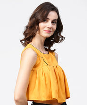 Yellow crepe sleeveless pleated tops
