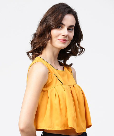 Yellow crepe sleeveless pleated tops